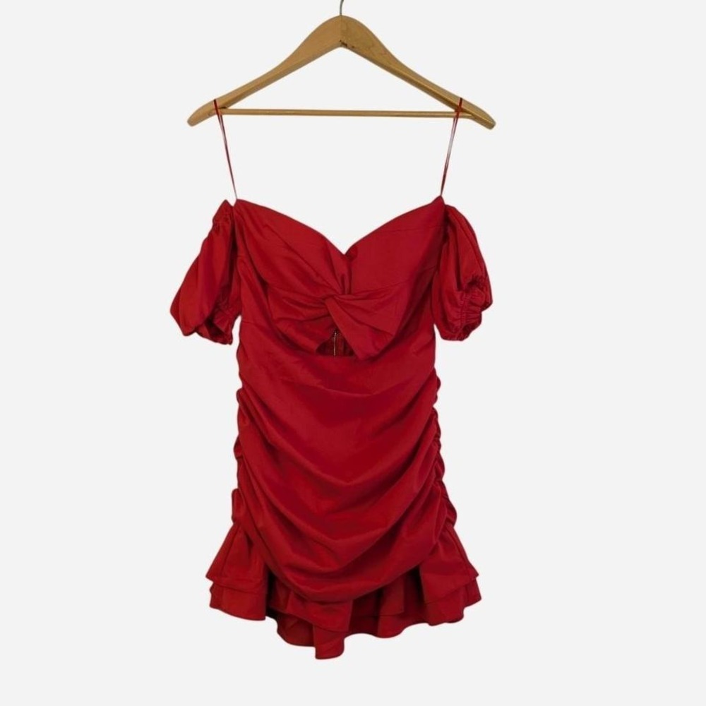 MABLE Red Off Shoulder Ruched Mini Dress Puff‎ Sleeve Zip Back Small Date Night